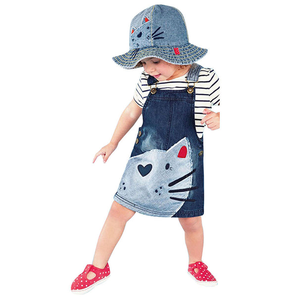 Girls Denim Straps Sundress Print Piece Dress